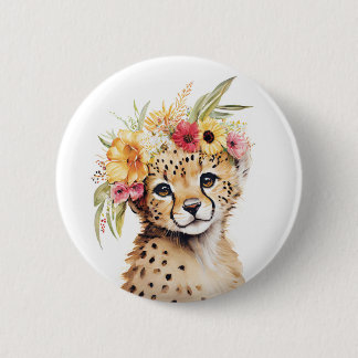 Cheetah Flower Crown Art Watercolor Safari Wild  6 Cm Round Badge