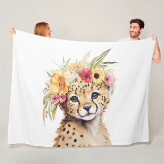 Cheetah Flower Crown Art Watercolor Safari Wild  Fleece Blanket