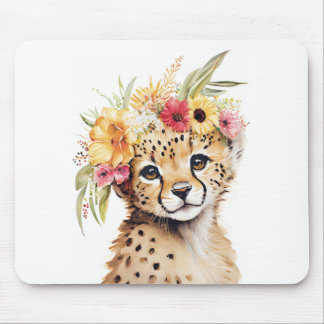 Cheetah Flower Crown Art Watercolor Safari Wild  Mouse Mat