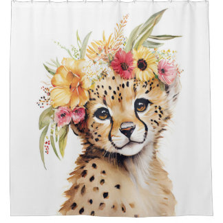 Cheetah Flower Crown Art Watercolor Safari Wild  Shower Curtain