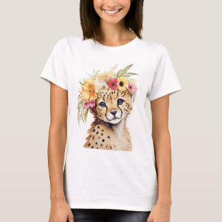 Cheetah Flower Crown Art Watercolor Safari Wild  T-Shirt
