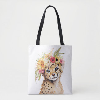 Cheetah Flower Crown Art Watercolor Safari Wild  Tote Bag