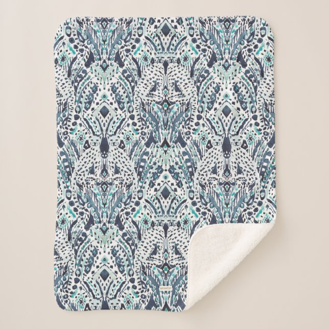 CHEETAH FRIEND Ikat Tribal Indigo Blue Sherpa Blanket (Front)