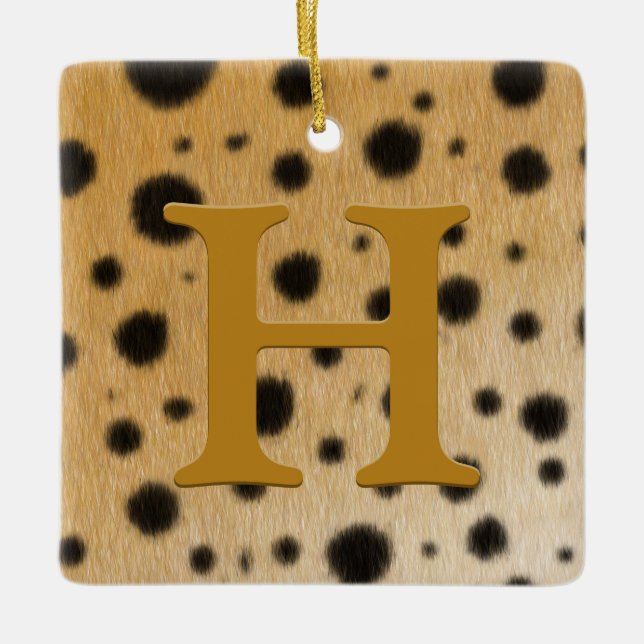 Cheetah Fur Tan Monogram & Custom Message Ceramic Ornament (Front)