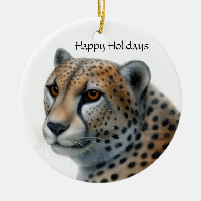 Cheetah, Happy Holidays Ceramic Tree Decoration (Front)