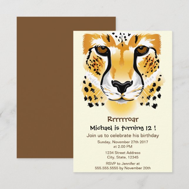 cheetah head close-up illustration birthday party invitation (Front/Back)