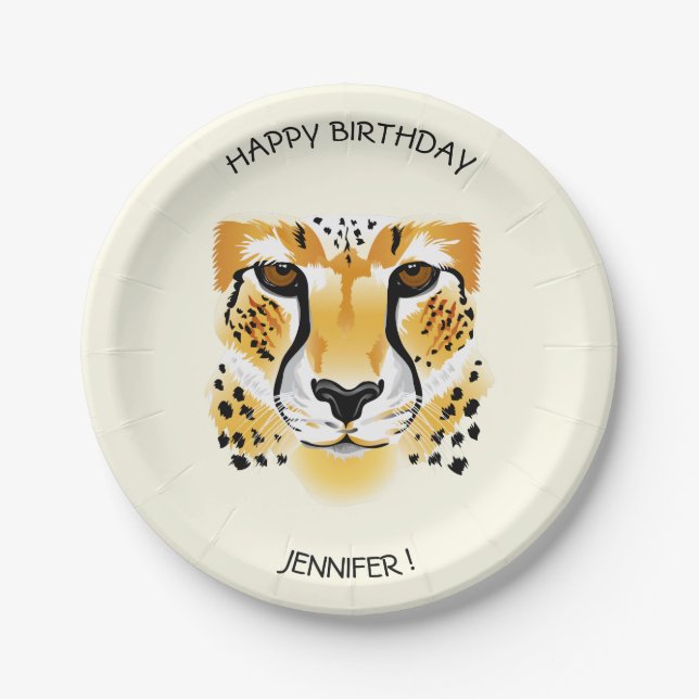 cheetah head close-up illustration name birthday paper plate (Front)