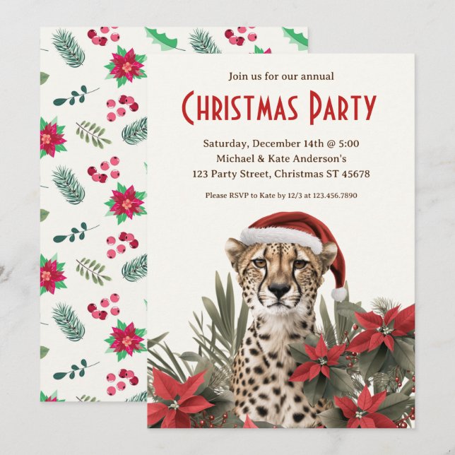 Cheetah in a Santa Hat Poinsettias Christmas Party Invitation (Front/Back)