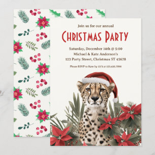 Cheetah in a Santa Hat Poinsettias Christmas Party Invitation
