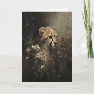 Cheetah in Wildflowers Vintage Oil Painting, Dark Card