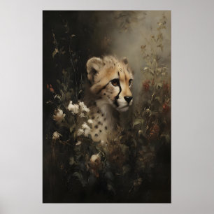 Cheetah in Wildflowers Vintage Oil Painting, Dark Poster