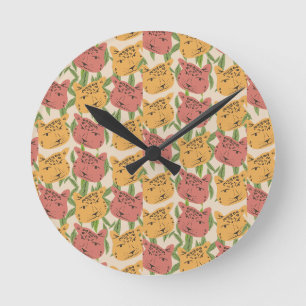 Cheetah Jungle Plants Greenery Coral Green Round Clock