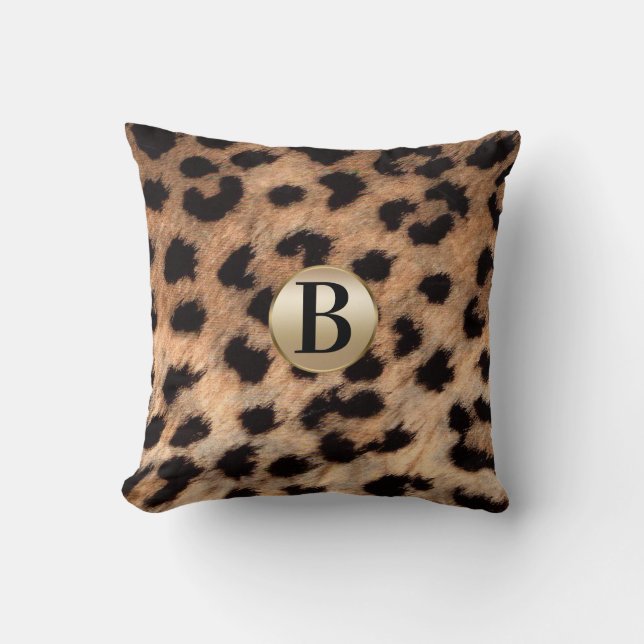 Cheetah Leopard Animal Print Monogram Gold Glitter Cushion (Front)