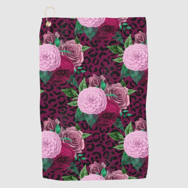 Cheetah Leopard Floral Flower Pattern Golf Towel (Front)