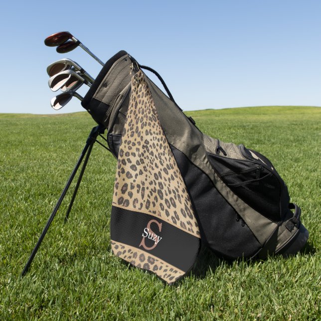 Cheetah Leopard Print Pattern Initial Monogram Golf Towel (Green)