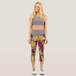 Cheetah Leopard Red Rose Floral Flower Pattern Capri Leggings
