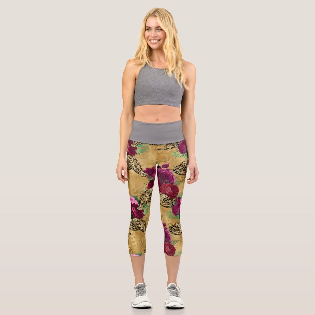 Cheetah Leopard Red Rose Floral Flower Pattern Capri Leggings (Front)