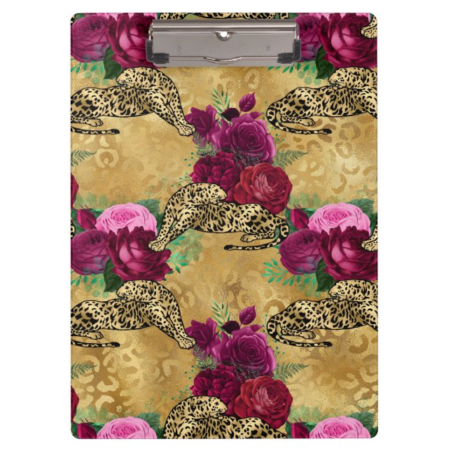 Cheetah Leopard Red Rose Floral Flower Pattern Clipboard (Front)