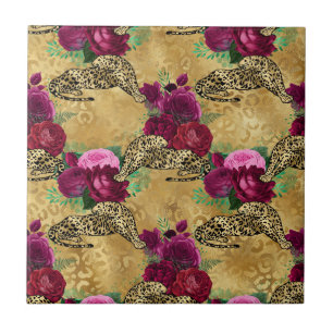 Cheetah Leopard Red Rose Floral Flower Pattern Tile