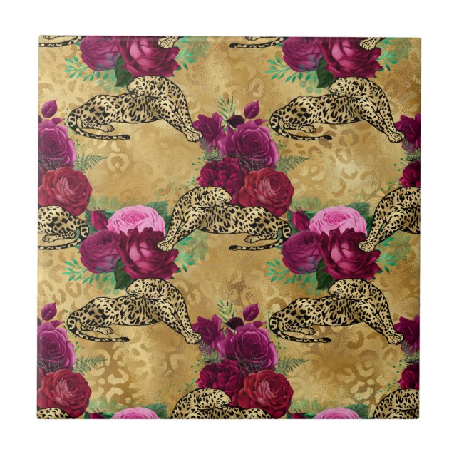Cheetah Leopard Red Rose Floral Flower Pattern Tile (Front)