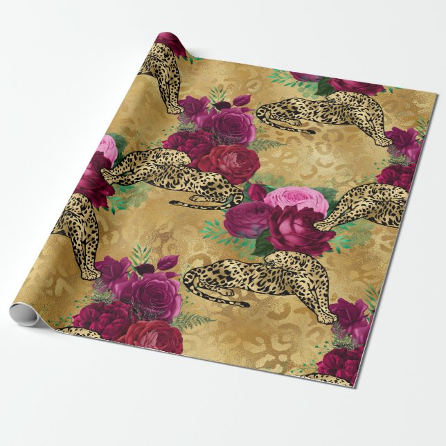Cheetah Leopard Red Rose Floral Flower Pattern Wrapping Paper (Unrolled)