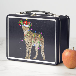 Cheetah Lover Xmas Lighting Santa Cheetah Christma Metal Lunch Box