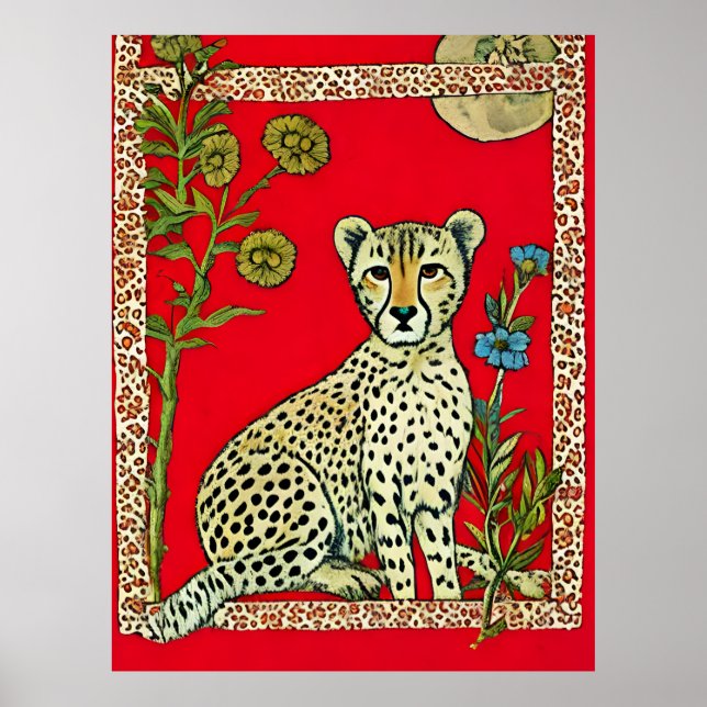 Cheetah on a Red Background With Flowers Poster (Front)