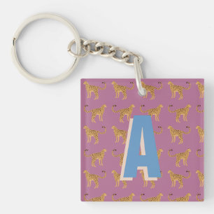 Cheetah, pink leopard monogrammed key ring