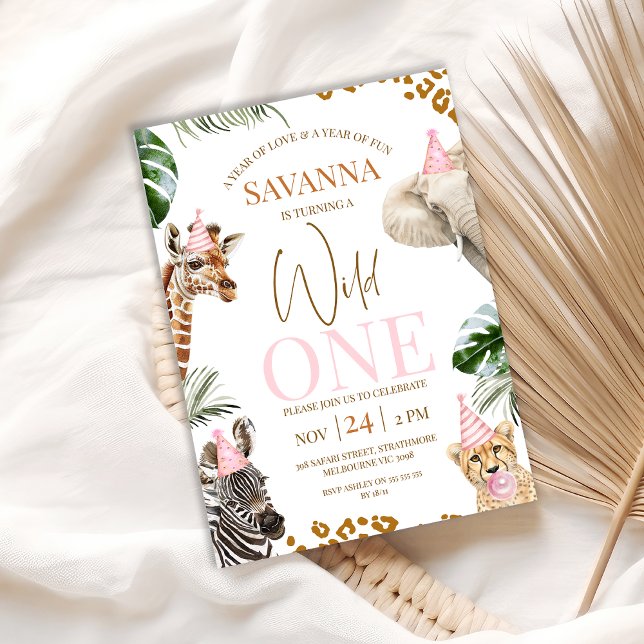 Cheetah Print Girls Safari Wild One 1st Birthday Invitation (Girls Safari Wild One 1st Birthday Invitation Pink Party Hats Calling Party Animals Cheetah Print )