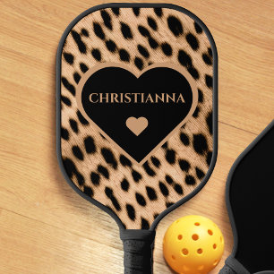 Cheetah Print Pattern Tan Brown & Black Heart Pickleball Paddle