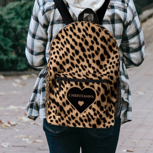 Cheetah Print Pattern Tan Brown & Black Heart Printed Backpack (Cheetah Print Pattern Tan Brown & Black Heart Printed Backpack)
