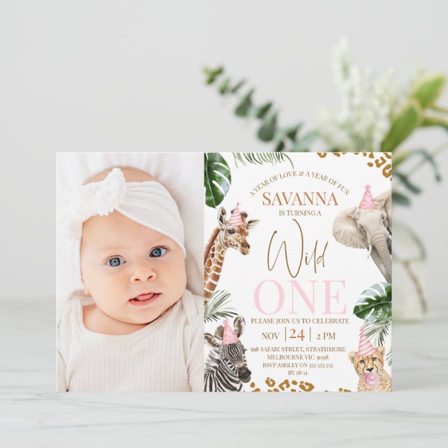 Cheetah Print Photo Safari Wild One 1st Birthday Invitation (Standing Front)