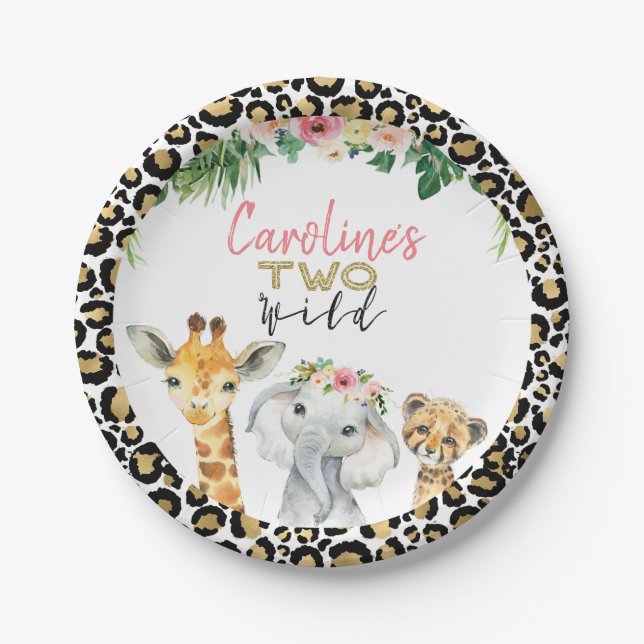 Cheetah Print Safari Glitter Two Wild Birthday Paper Plate (Front)