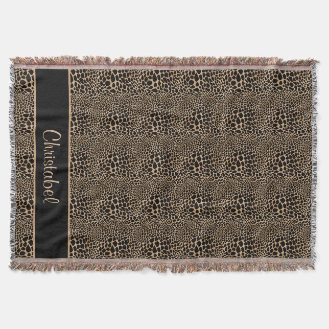 Cheetah Print Spots Black & Tan Custom Name Throw Blanket (Front)