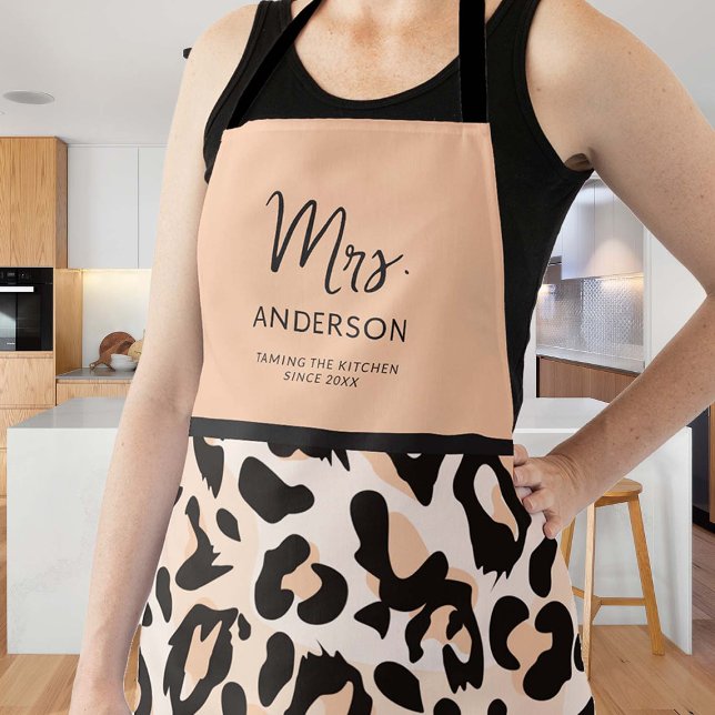 Cheetah Print Taming Kitchen Pink Chic Black Funny Apron (funny apron newlywed bride bachelorette bridal gift christmas birthday mom personalized animal print)