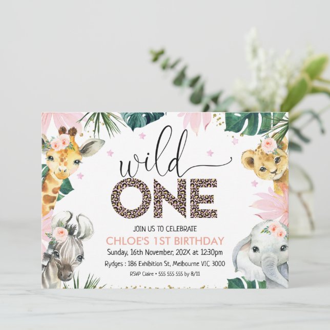 Cheetah Print Wild One Safari Animals Birthday Invitation (Standing Front)