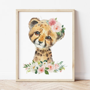 Cheetah, Safari, Pink Flowers, Girl Nursery Photo Print