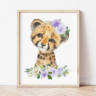 Cheetah, Safari, Purple Flowers, Gender Neutral Photo Print