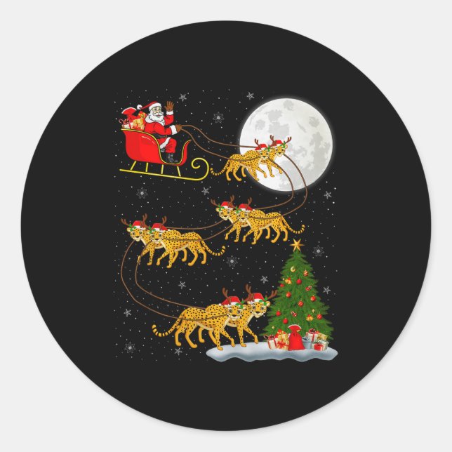 Cheetah Santa Sleigh Flying Funny Magical Christma Classic Round Sticker (Front)