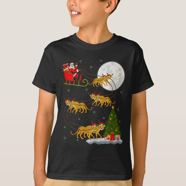 Cheetah Santa Sleigh Flying Funny Magical Christma T-Shirt (Front)