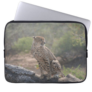 Cheetah sitting on a fallen tree in the wild laptop sleeve