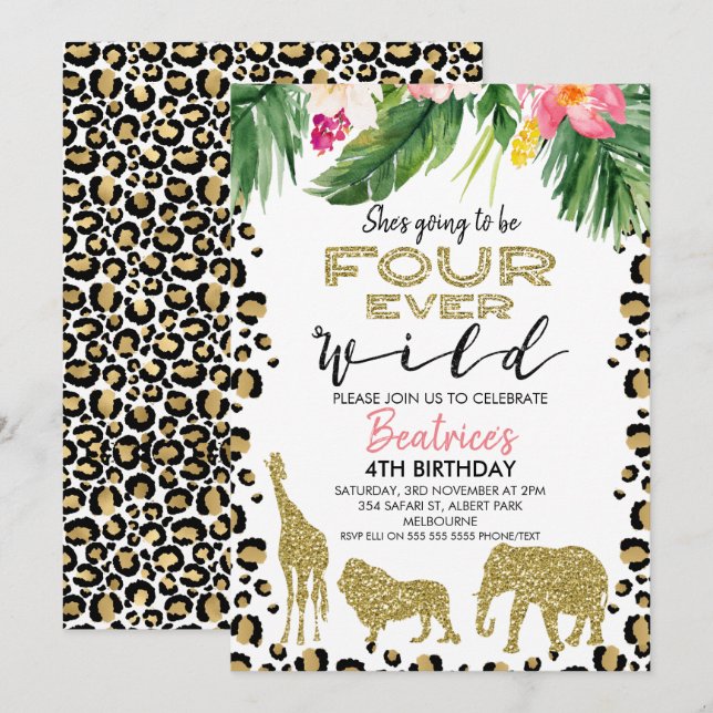 Cheetah Skin Four Ever Wild Birthday Invitation (Front/Back)