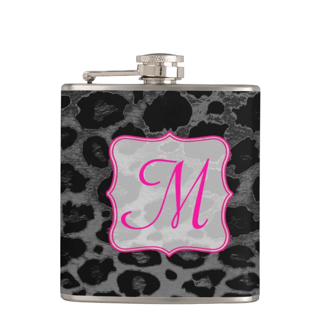 Cheetah Spot Animal Print Monogram Whiskey Flask (Front)