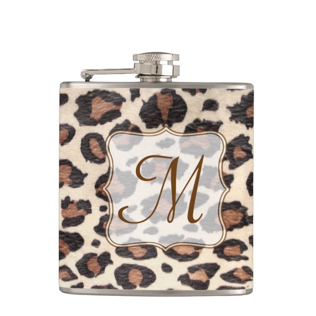 Cheetah Spot Animal Print Monogram Whiskey Flask (Front)