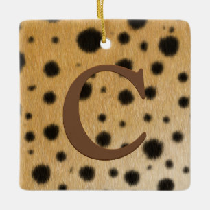 Cheetah Spots Fur Brown Monogram & Custom Message Ceramic Ornament