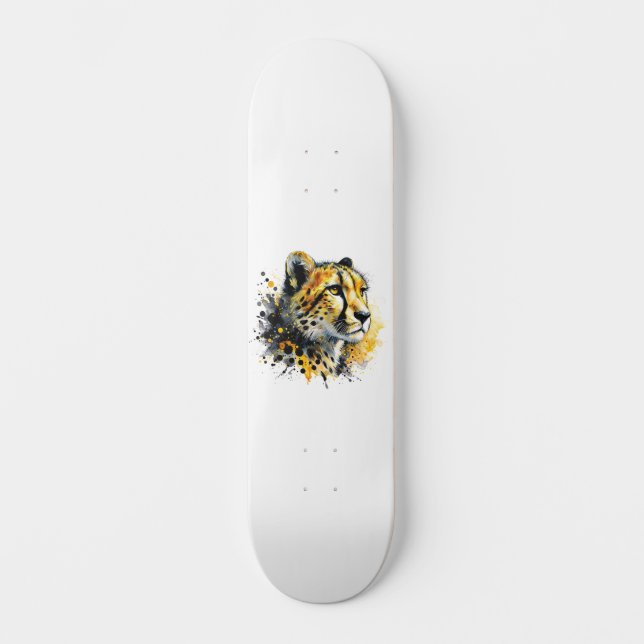 Cheetah Watercolor Ink Splatter Skateboard (Front)