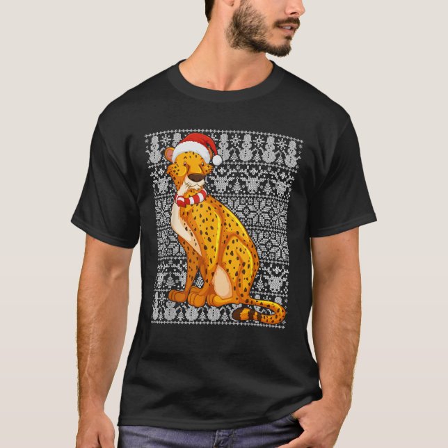 Cheetah Wearing Santa Hat Men Women Kids Ugly Chri T-Shirt (Front)
