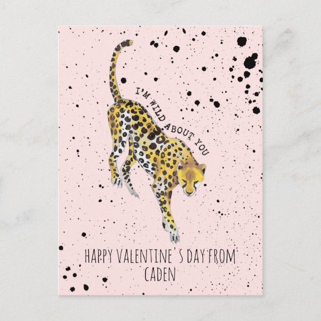 Cheetah Wild About You Classroom Valentine Postcard (Front)