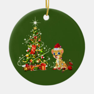 Cheetah With Hat Scaft Christmas Ceramic Tree Decoration