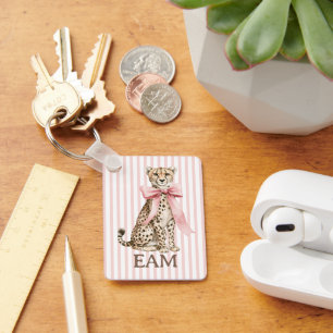 Cheetah With Pink Bow and Stripes Monogram Key Ring